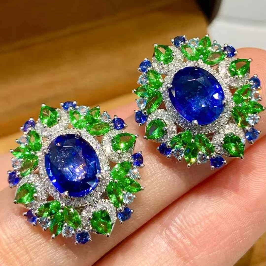 14k Gold 3.85 Ct Natural Sapphire & Diamond & Tsavorite & Sapphire Earrings - 5