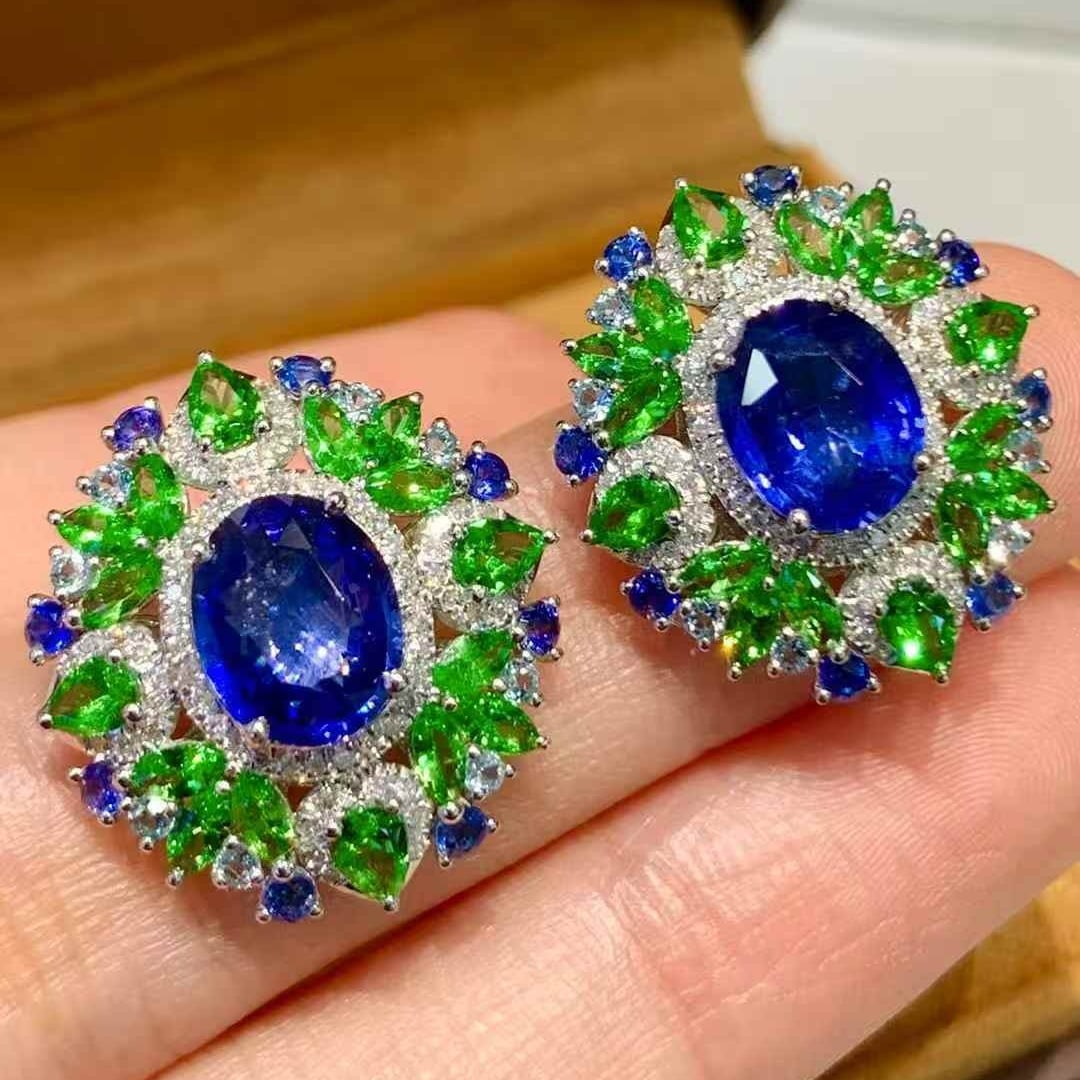14k Gold 3.85 Ct Natural Sapphire & Diamond & Tsavorite & Sapphire Earrings - 6