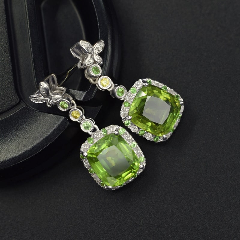 14k Gold 7.05 Ctw Natural Peridot & Diamond Earrings