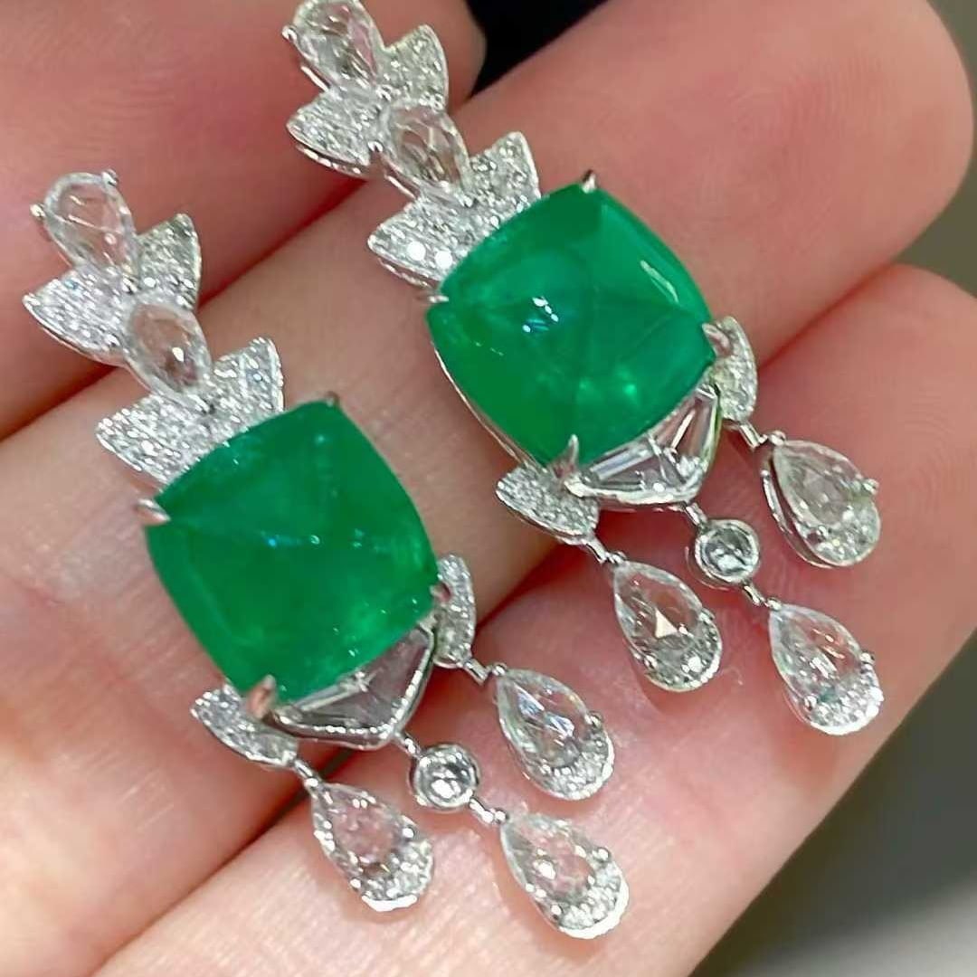 14k Gold 5.9 Ct Vivid Green Natural Emerald & Diamond & Sapphire Earrings - 6