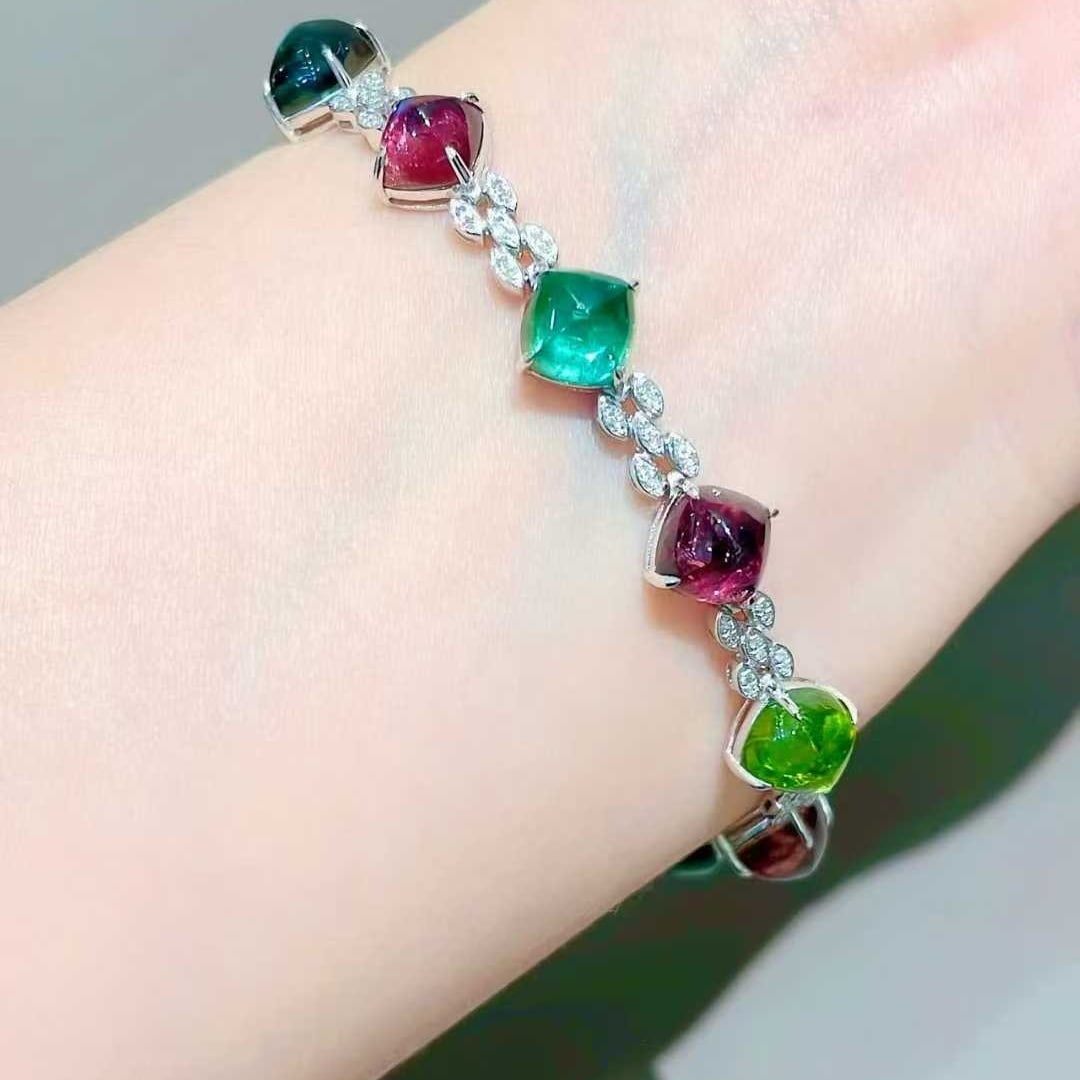 14k Gold 18 Ct Natural Tourmaline & Diamond Bracelet - 6
