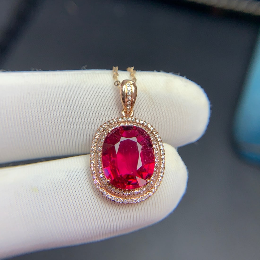 14k Gold 3.4 Ct Natural Tourmaline & Diamond Pendant( Without Chain )