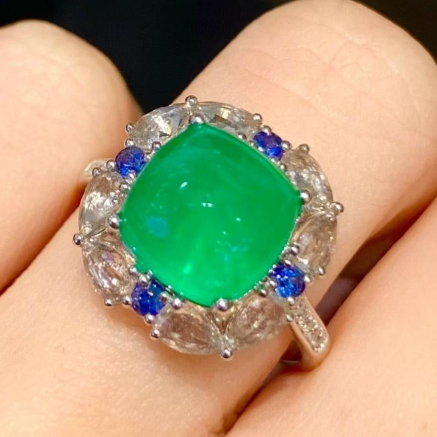 14k Gold 3.6 Ct Natural Emerald & Sapphire & Diamond Ring
