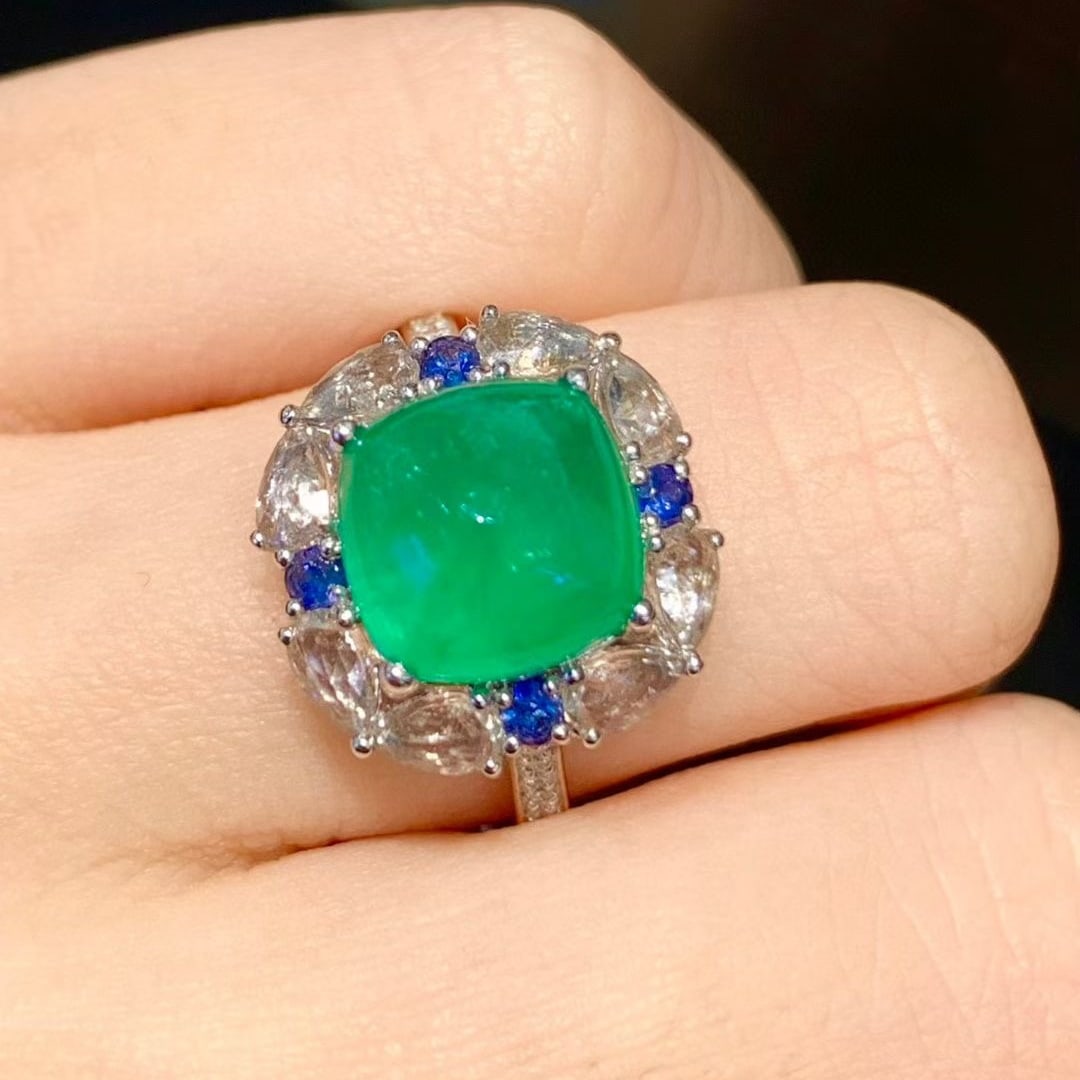 14k Gold 3.6 Ct Natural Emerald & Sapphire & Diamond Ring - 6