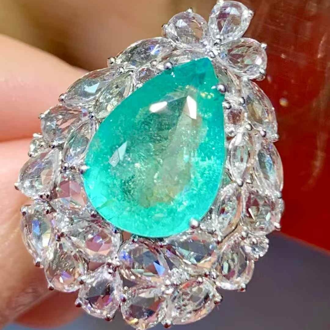 14k Gold 6.3 Ct Natural Paraiba Tourmaline & Sapphire & Diamond Ring - 2