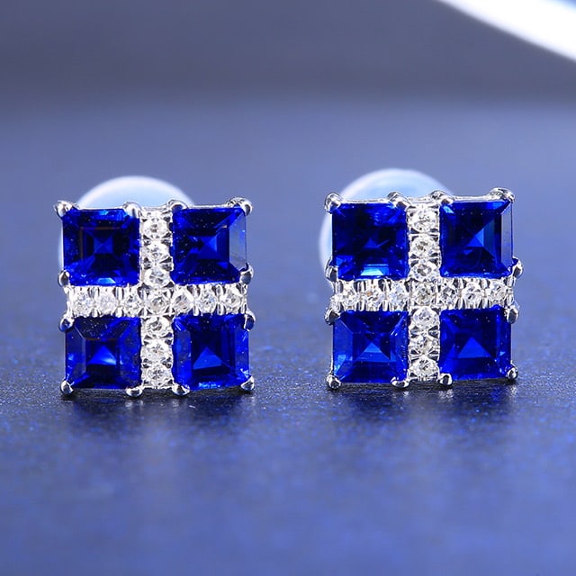14k Gold 1.37 Ctw Natural Sapphire & Diamond Earrings: Ref:231097153 // gold content:14k gold // main gemstone:sapphire // shape:square // carat weight:1. 29ct // color:blue // treatment:natural // // adjacent gemstone 2 : diamond // number of stones:26