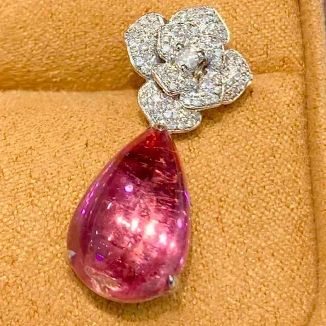 14k Gold 6.8 Ct Natural Tourmaline & Diamond Pendant( Without Chain ) - 2