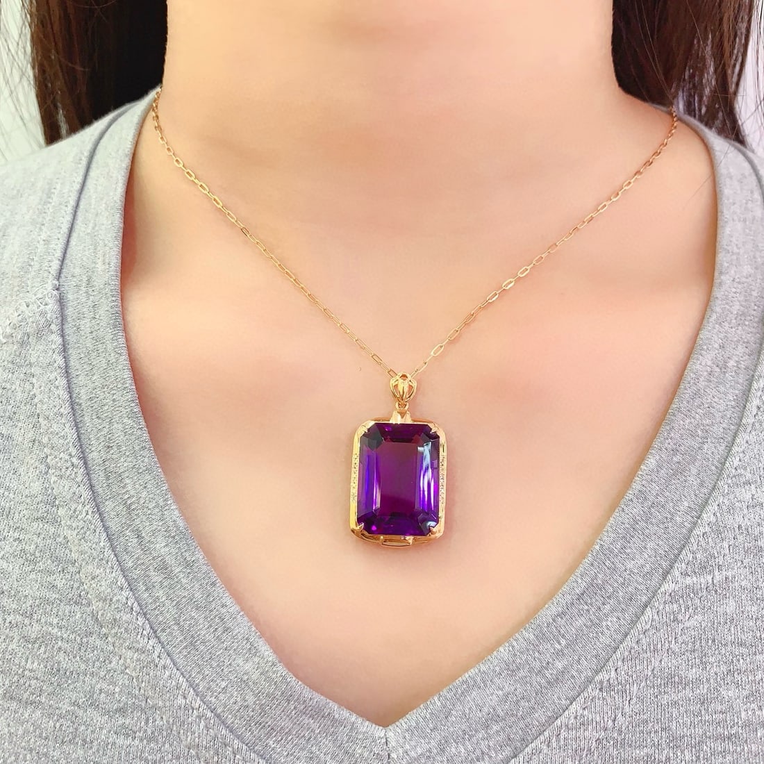 14k Gold 25.4 Ct Natural Amethyst & Diamond Pendant( Without Chain ) - 6