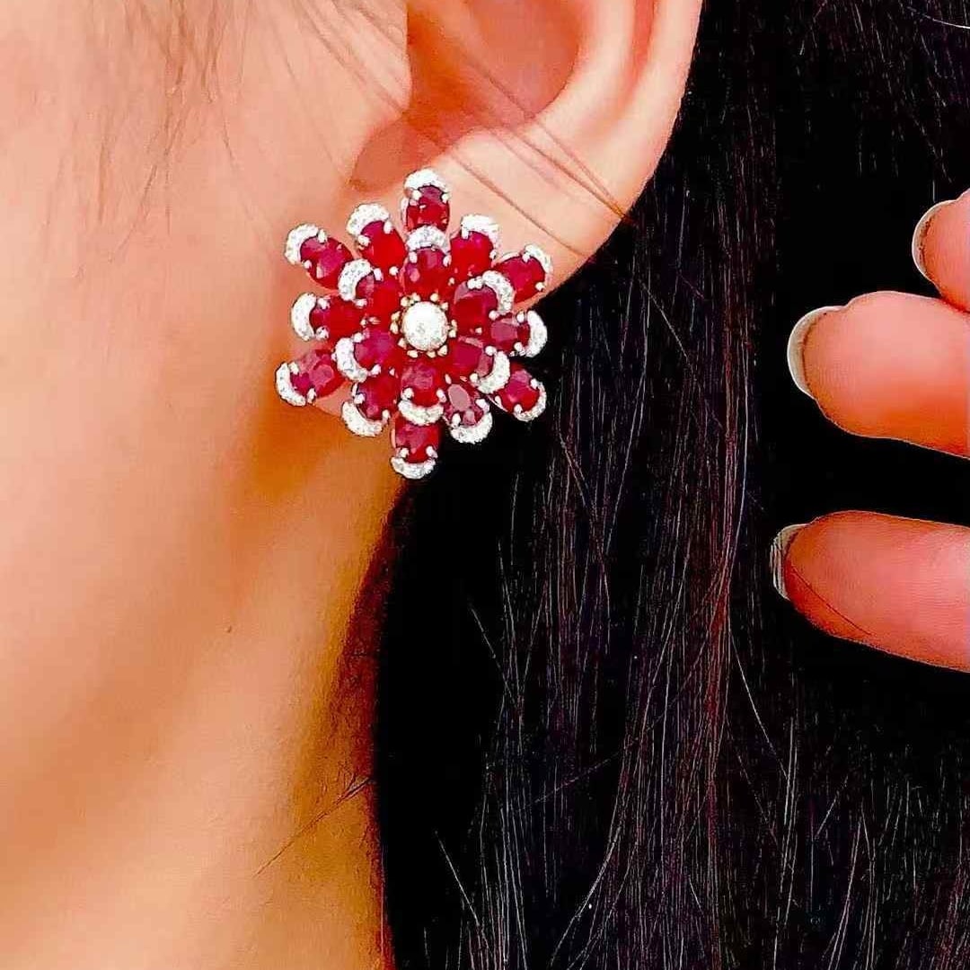 14k Gold 11.25 Ct Natural Ruby & Diamond Earrings - 3