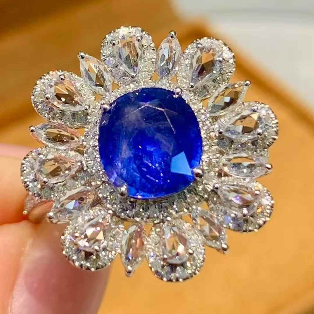 14k Gold 2.2 Ct Natural Sapphire & Diamond & Sapphire Ring: Ref:231097194 // gold content:14k gold // ring size:7. 25us // // main gemstone:sapphire // shape:cushion // carat weight:2. 2ct // color:blue // treatment:natural // // adjacent gemstone 2 : diamond