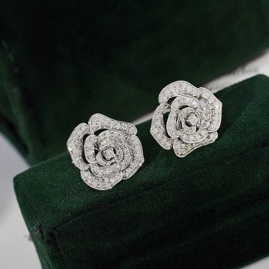14k Gold 1 Ct Natural H Diamond & Flowers Earrings