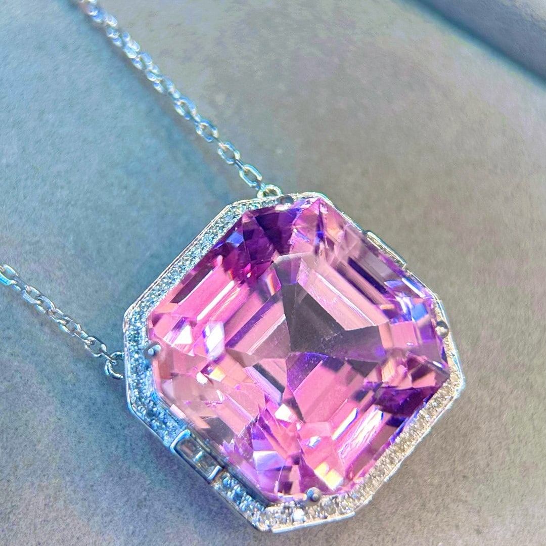 14k Gold 35.31 Ctw Natural Kunzite & Diamond Necklace - 4