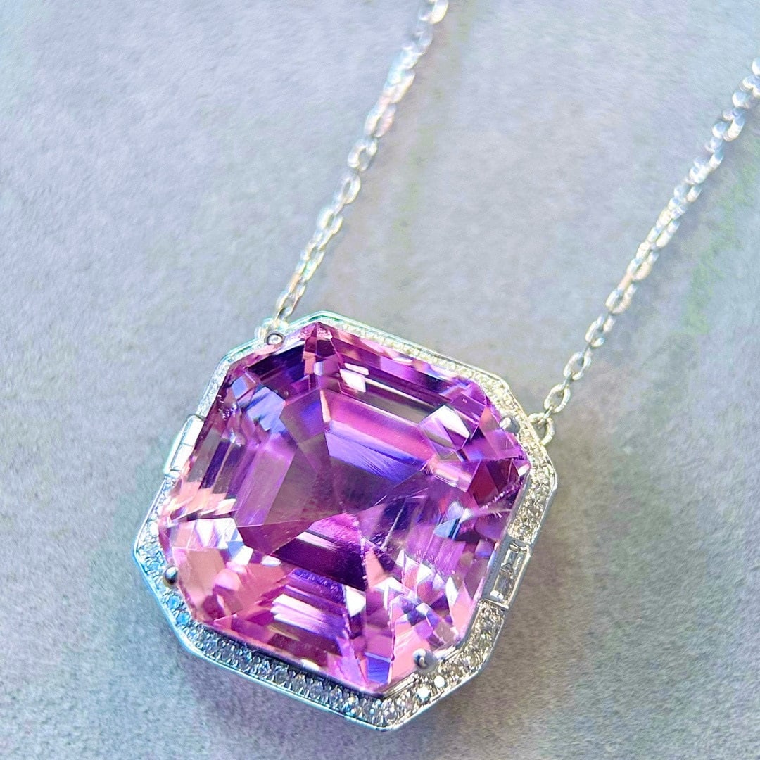 14k Gold 35.31 Ctw Natural Kunzite & Diamond Necklace - 5