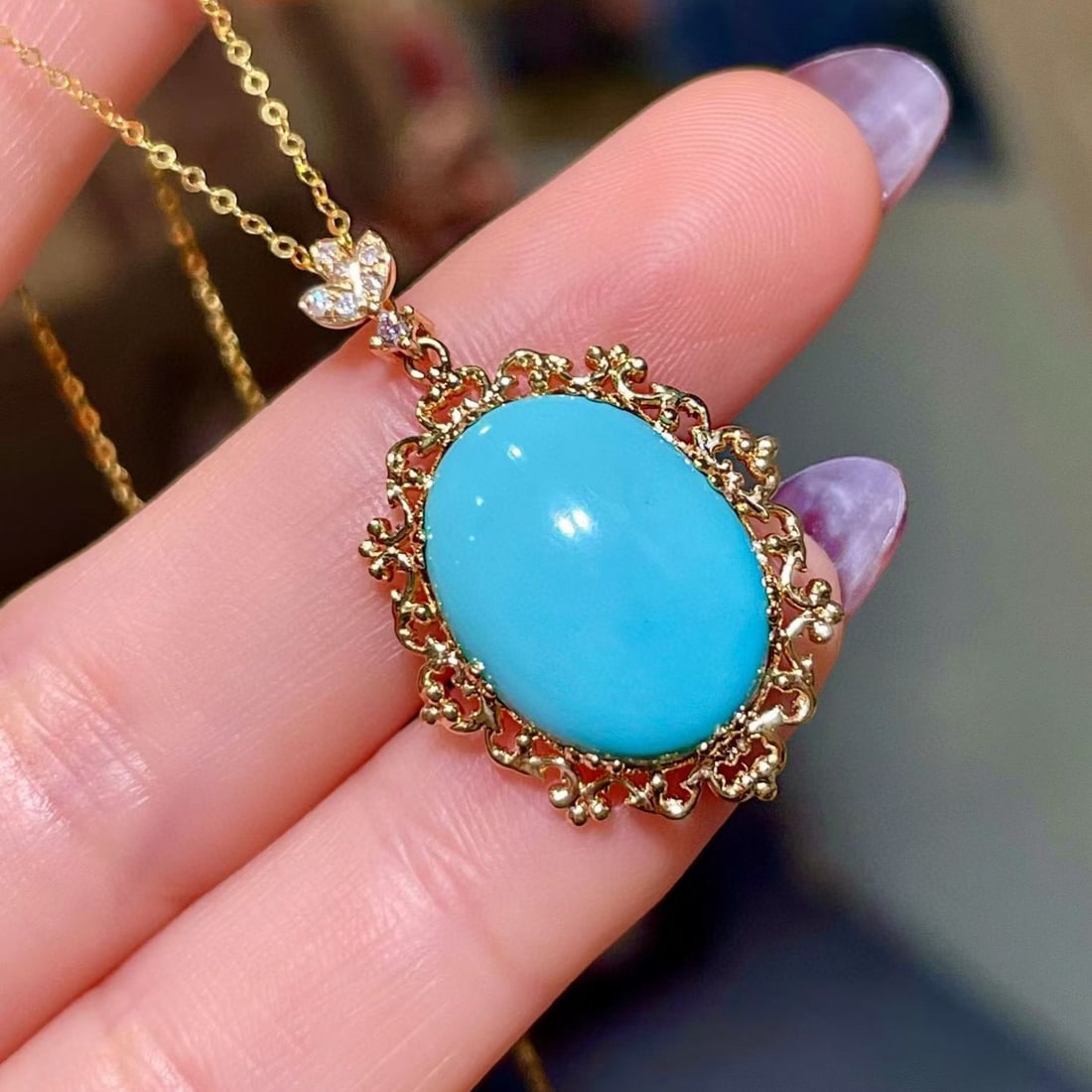 14k Gold 6.29 Ctw Natural Blue Turquoise & Diamond Pendant( Without Chain )