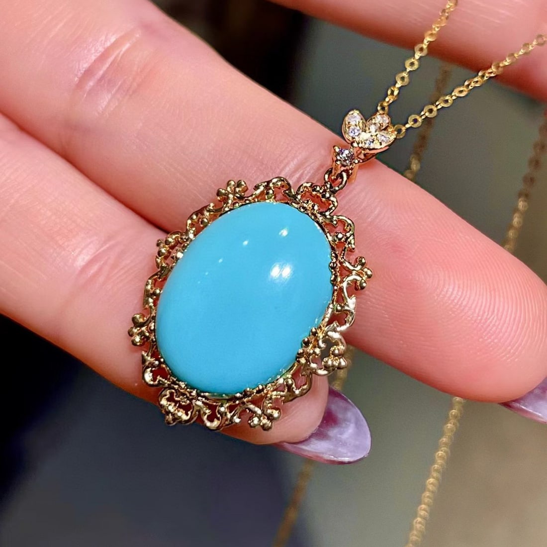 14k Gold 6.29 Ctw Natural Blue Turquoise & Diamond Pendant( Without Chain ) - 2