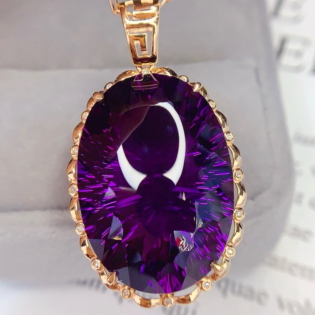 14k Gold 36.1 Ct Natural Amethyst & Diamond Pendant( Without Chain ): Ref:231097226 // gold content:14k gold // main gemstone:amethyst // shape:oval // carat weight:36. 1ct // color:purple // treatment:natural // // adjacent gemstone 2 : diamond // number of stones:16