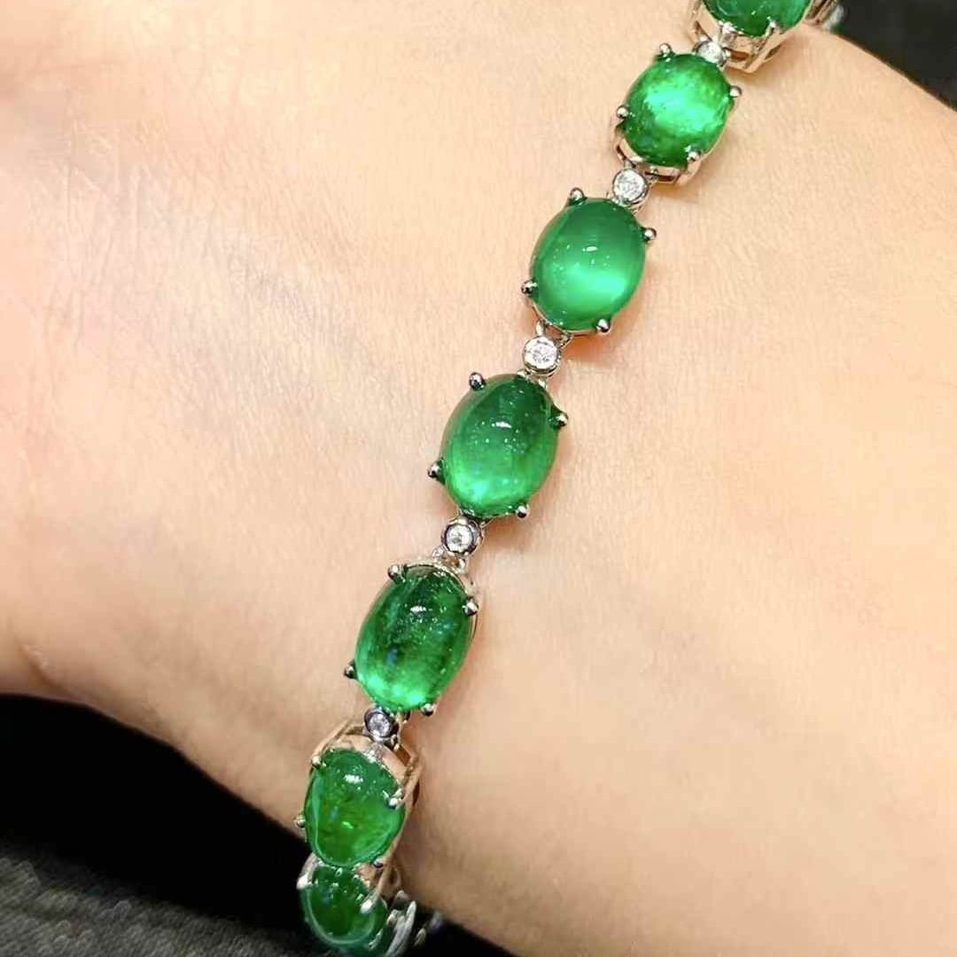14k Gold 16 Ct Vivid Green Natural Emerald & Diamond Bracelet - 6