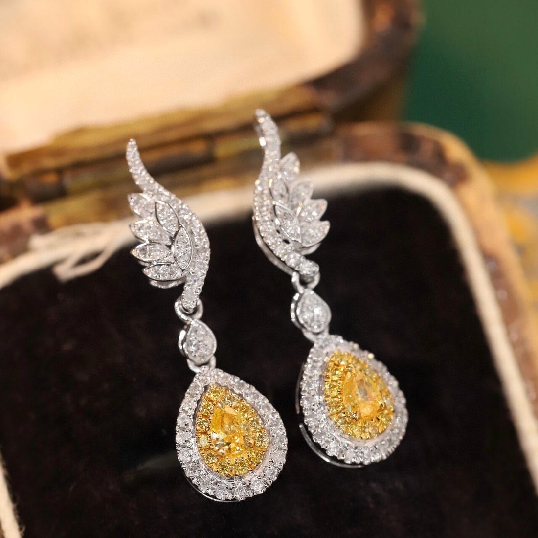14k Gold 0.60 Ctw Natural Yellow Diamond & Diamond Earrings - 5