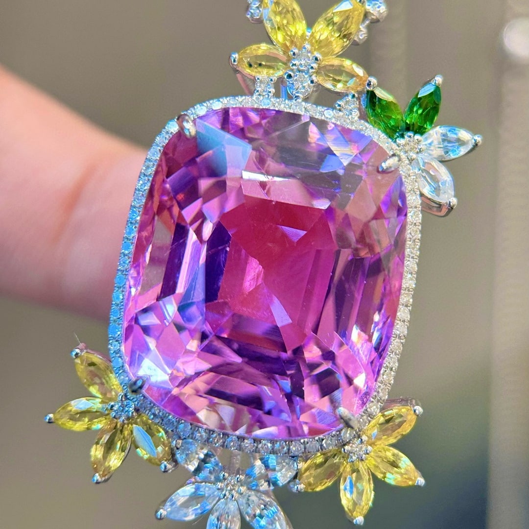 14k Gold 34.86 Ctw Natural Kunzite & Diamond Pendant( Without Chain ) - 3