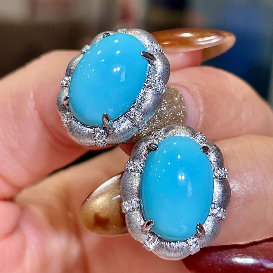 14k Gold 10.06 Ctw Natural Blue Turquoise & Diamond Earrings - 3