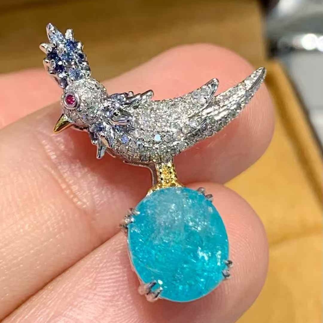 14k Gold 3.2 Ct Natural Paraiba Tourmaline & Diamond Brooch/pendant( Without Chain ) - 3