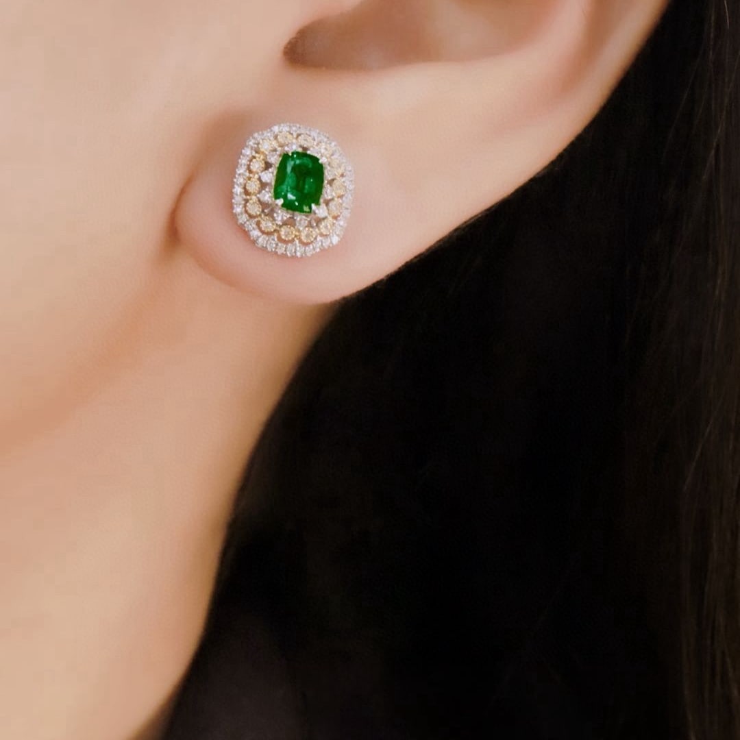 14k Gold 1.65 Ctw Vivid Green Natural Emerald & Diamond Earrings - 6