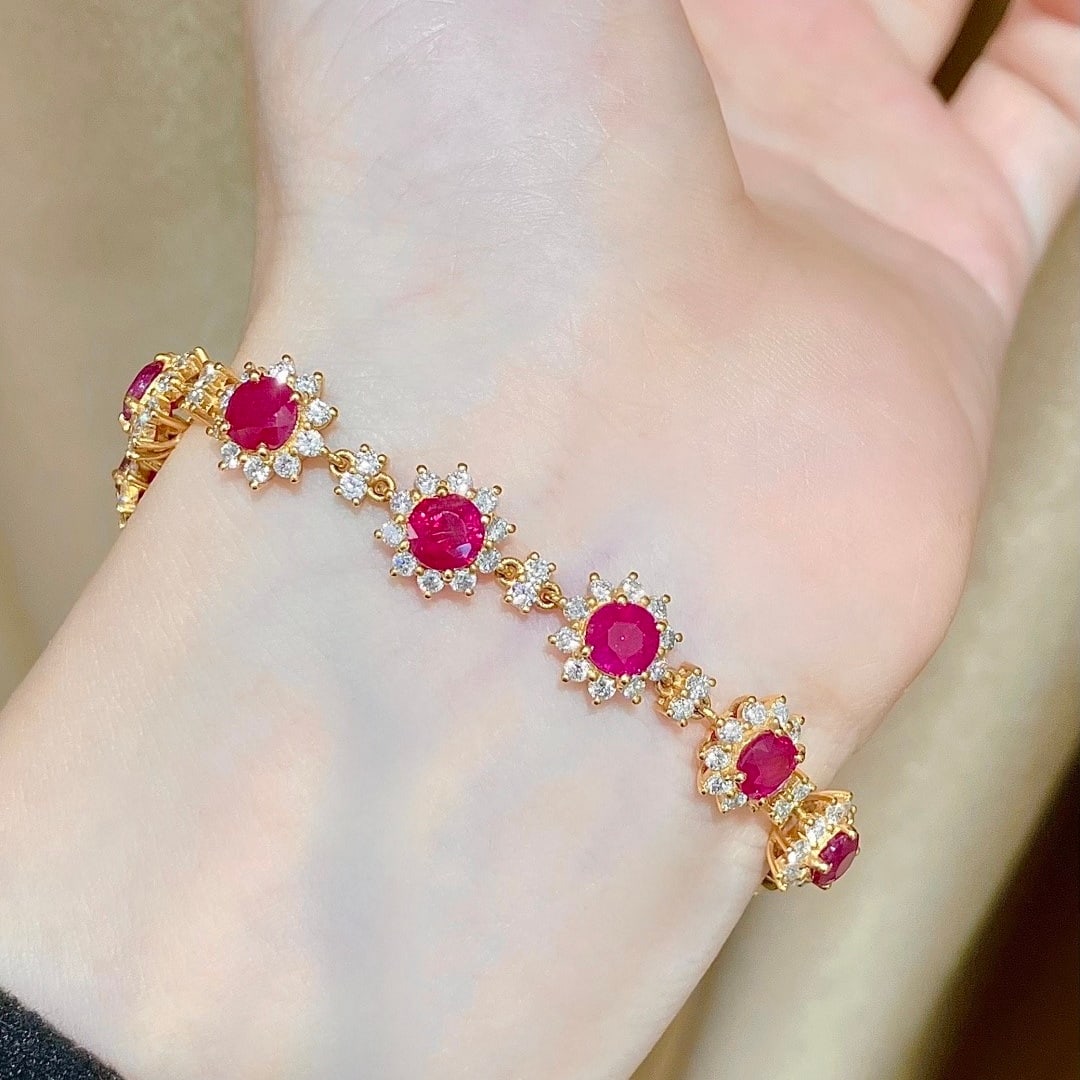 14k Gold 6.85 Ctw Natural Ruby & Diamond Bracelet - 7