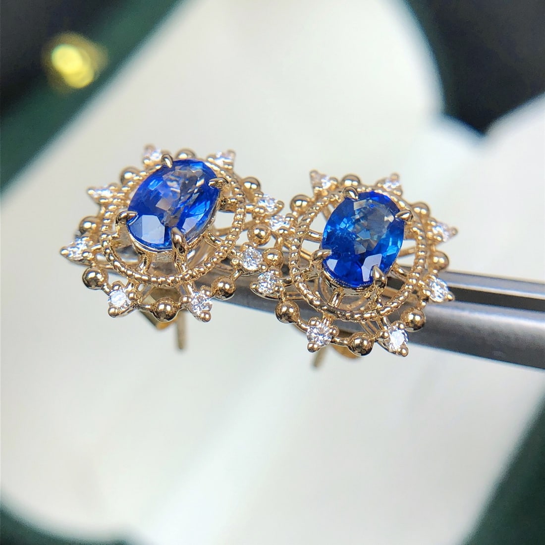 14k Gold 1.58 Ctw Natural Sapphire & Diamond Earrings - 3