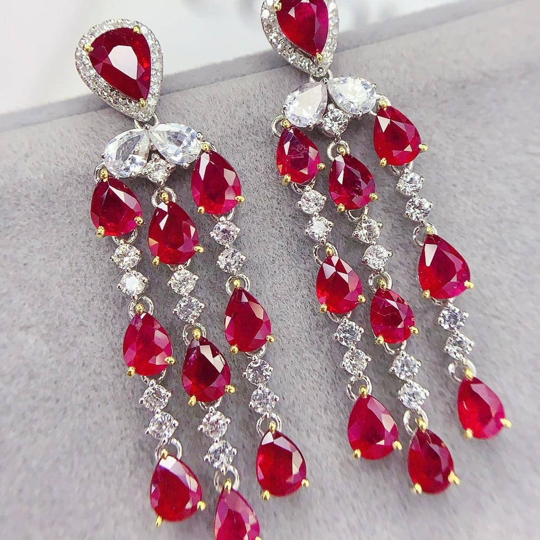 14k Gold 6.93 Ct Vivid Red Natural Ruby & Diamond & Sapphire Earrings - 4