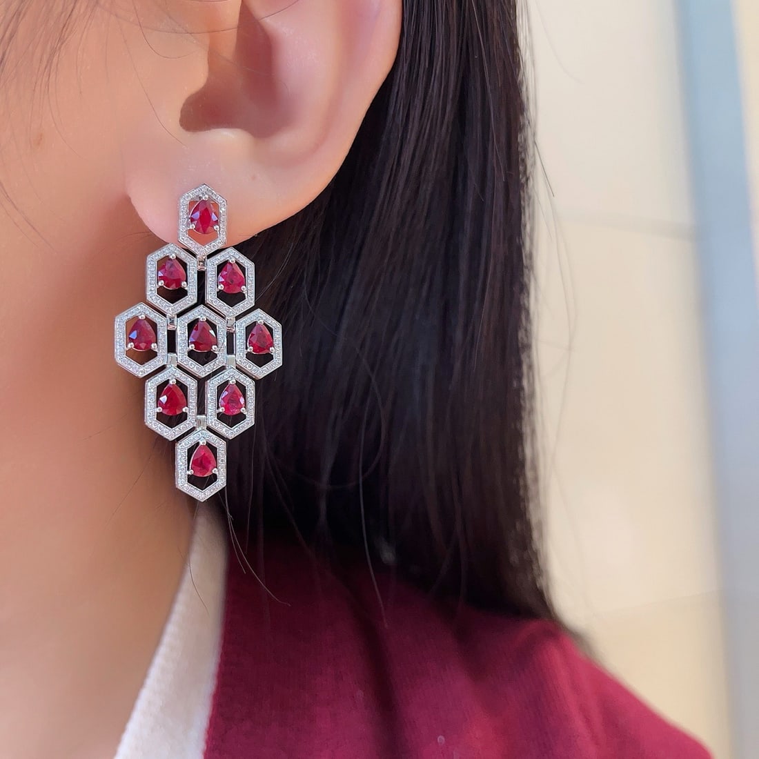14k Gold 7.97 Ctw Natural Ruby & Lab Grown Diamond Earrings - 5