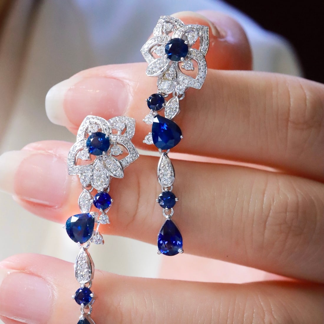14k Gold 4.54 Ctw Natural Sapphire & Diamond Earrings - 2