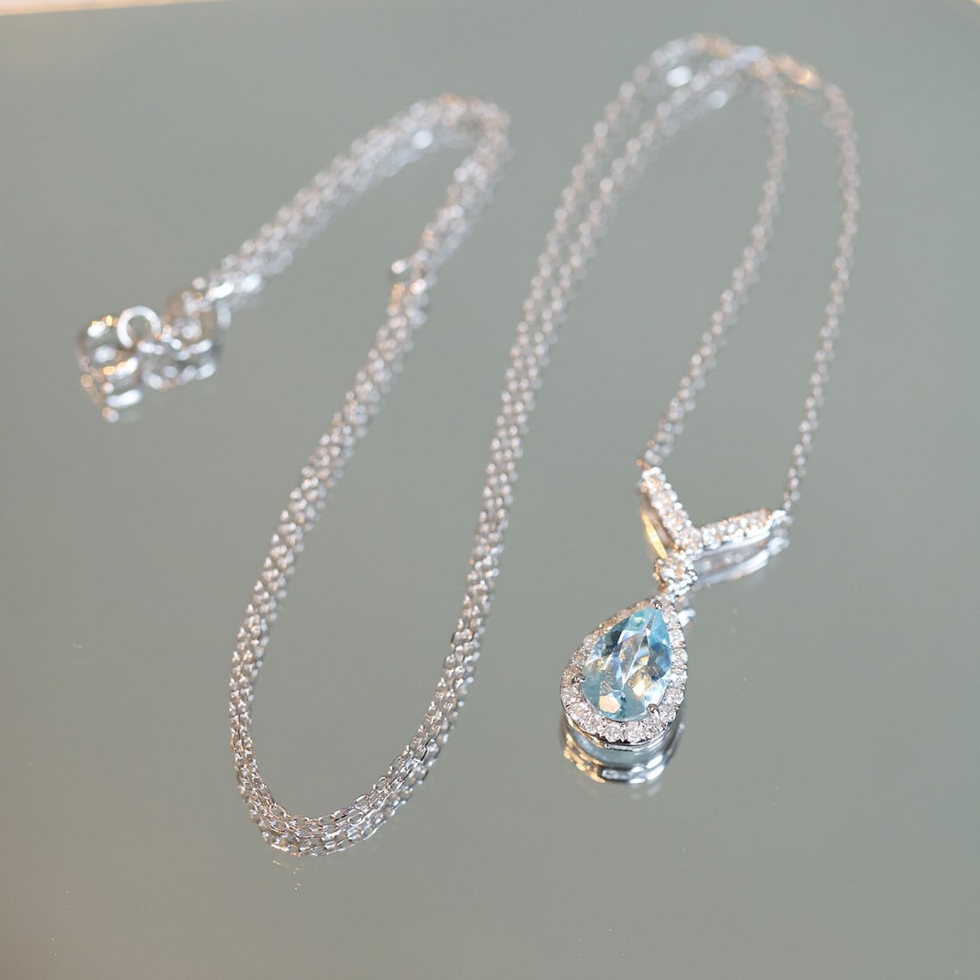 14k Gold 1.48 Ctw Natural Aquamarine & Diamond Necklace - 2