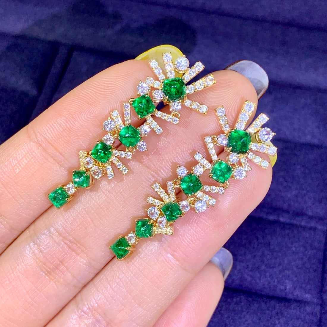 14k Gold 5.20 Ctw Vivid Green Natural Emerald & Sapphire Earrings - 2