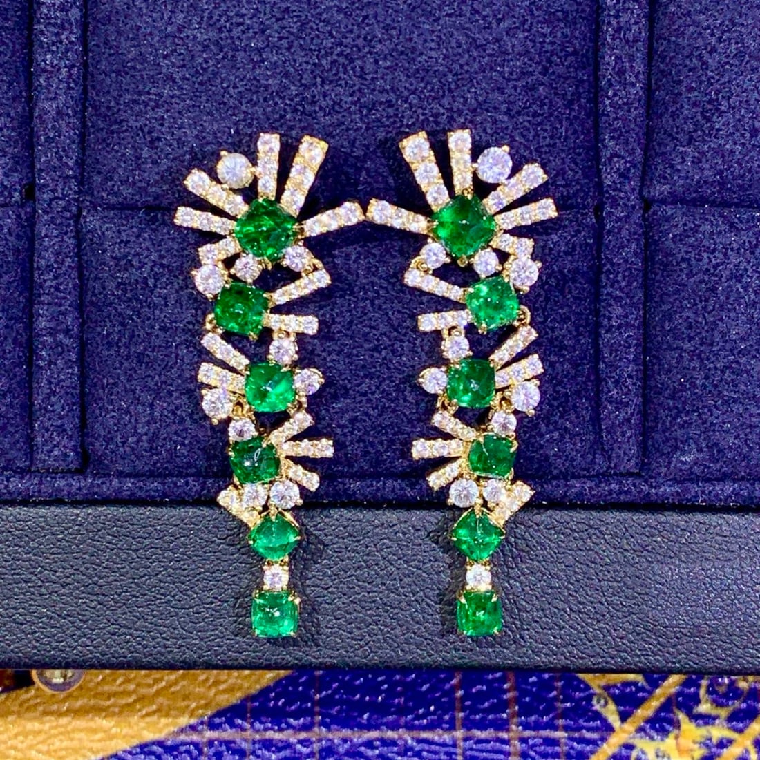 14k Gold 5.20 Ctw Vivid Green Natural Emerald & Sapphire Earrings - 4