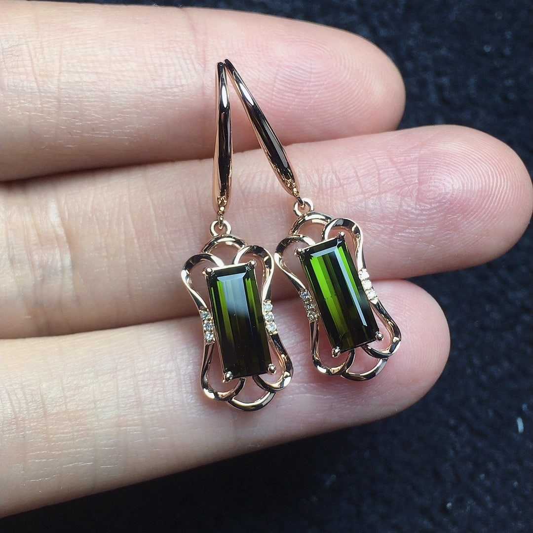 14k Gold 2.35 Ct Natural Tourmaline & Diamond Earrings