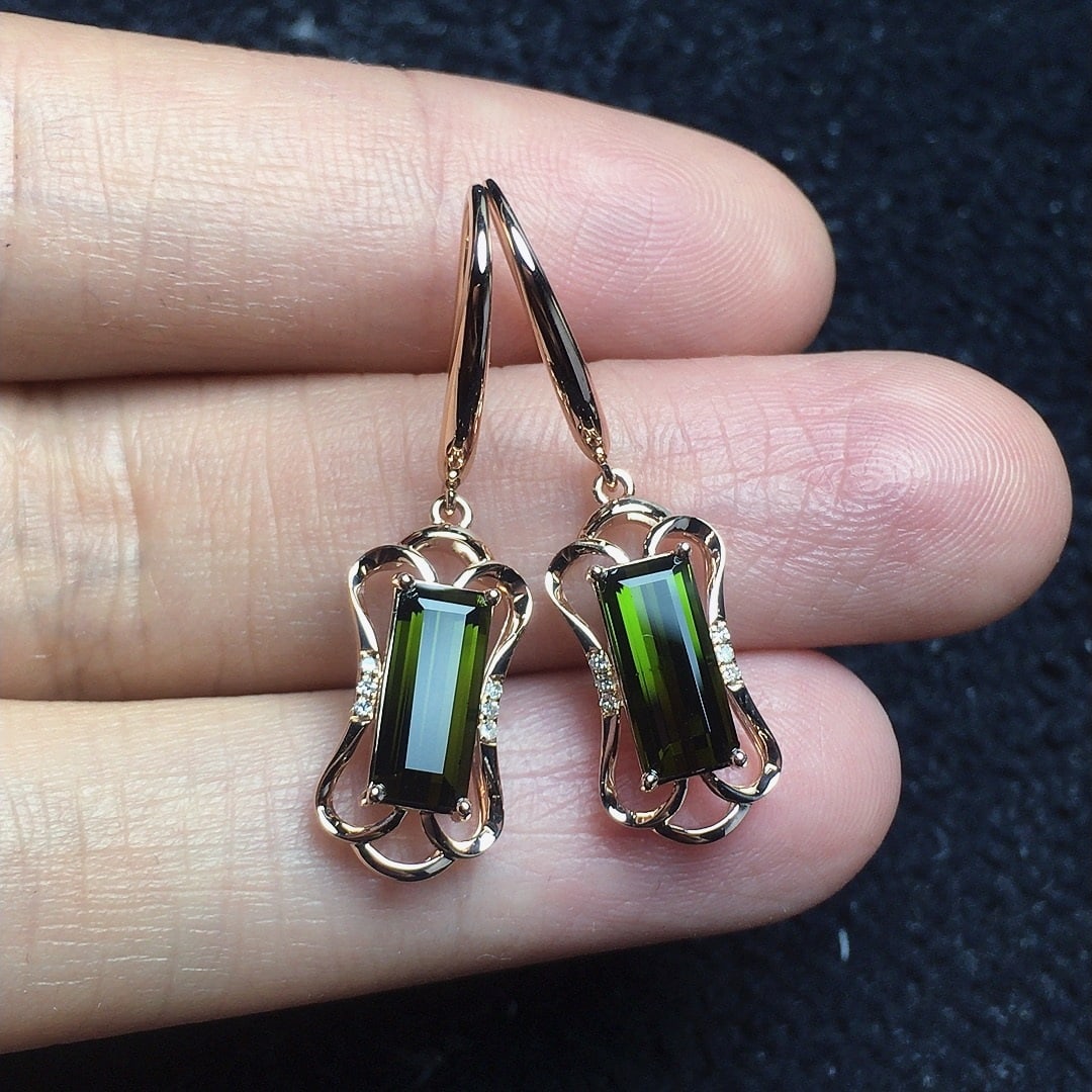 14k Gold 2.35 Ct Natural Tourmaline & Diamond Earrings - 2