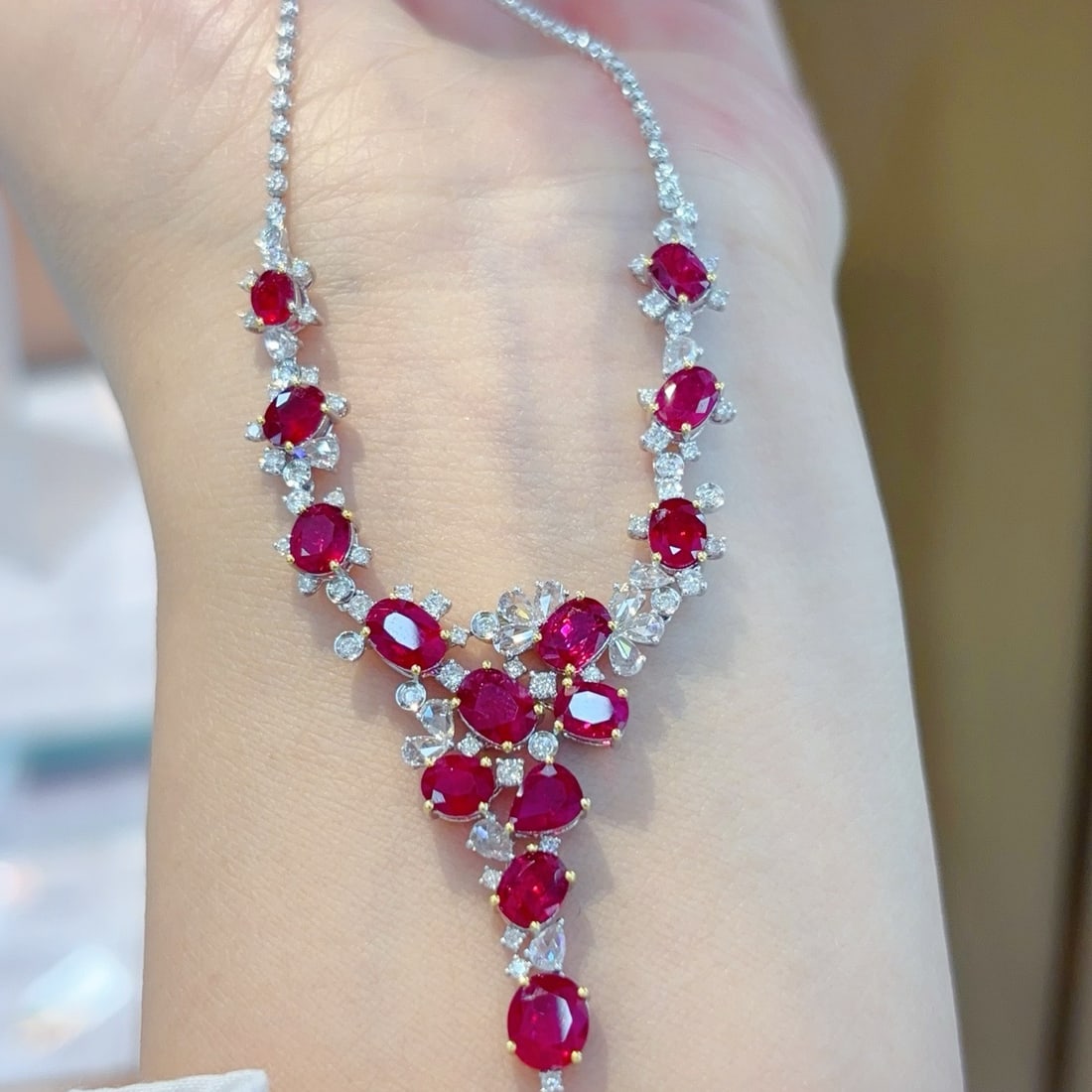 14k Gold 7.66 Ctw Natural Ruby & Diamond Necklace - 2