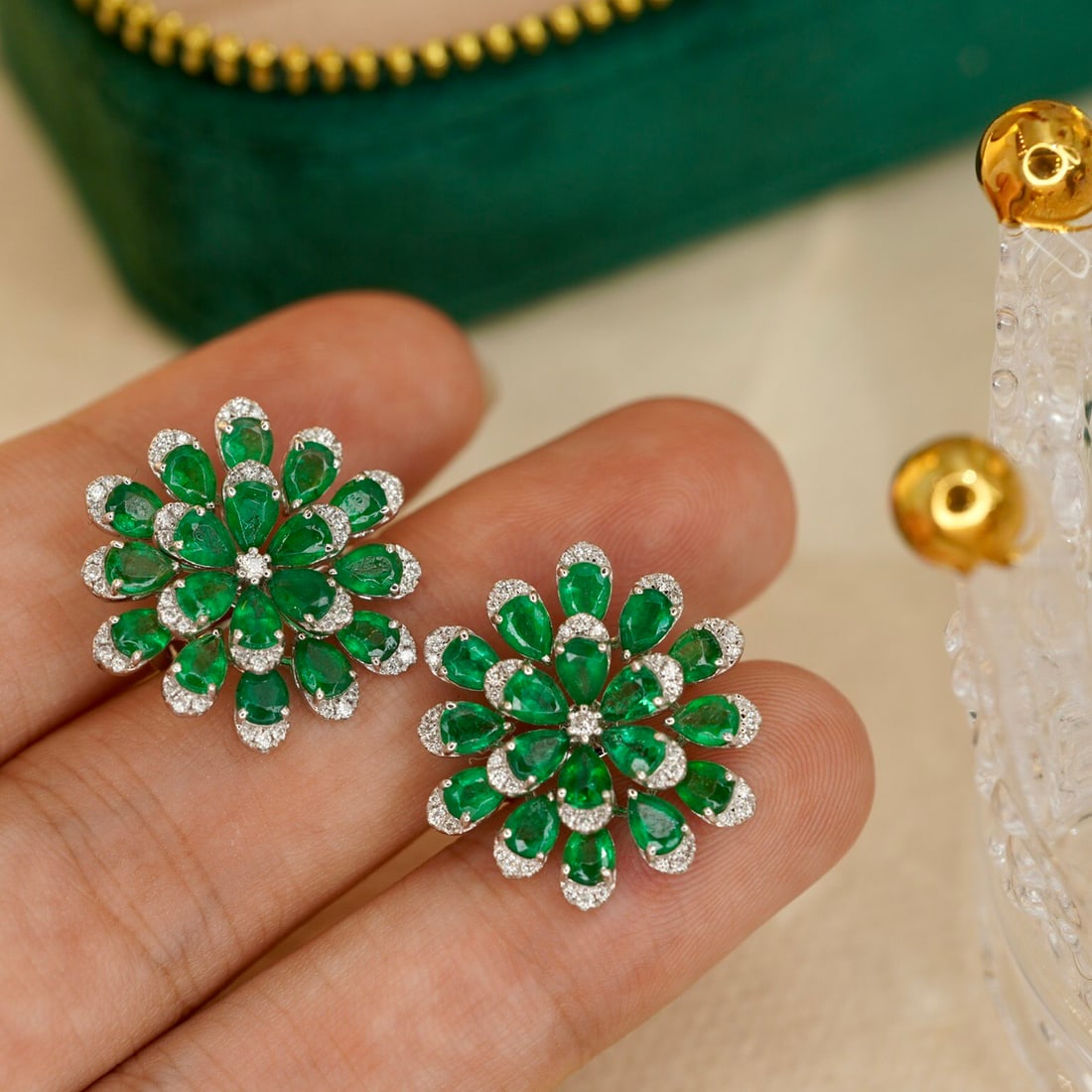 14k Gold 5.82 Ctw Vivid Green Natural Emerald & Diamond Earrings - 9