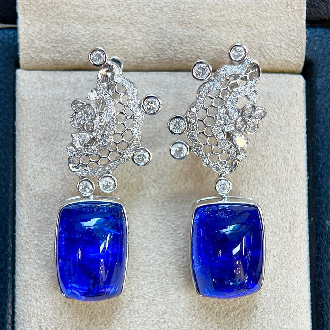 14k Gold 28.71 Ctw Natural Tanzanite & Diamond Earrings - 2