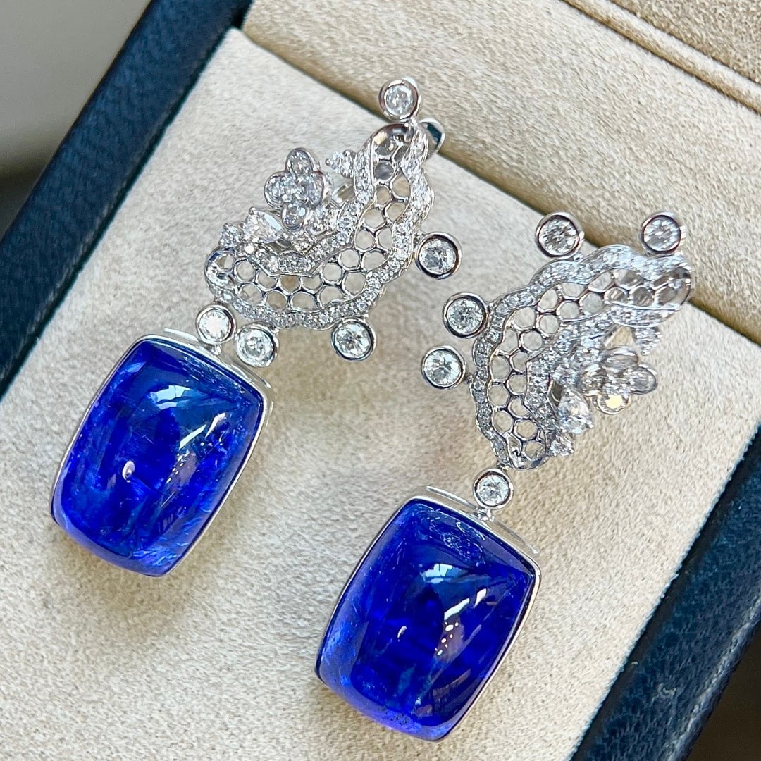 14k Gold 28.71 Ctw Natural Tanzanite & Diamond Earrings - 5