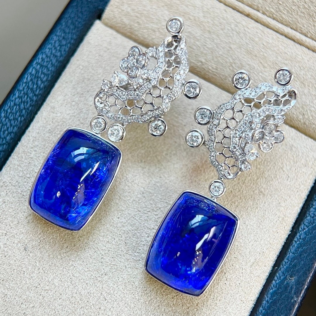 14k Gold 28.71 Ctw Natural Tanzanite & Diamond Earrings - 6