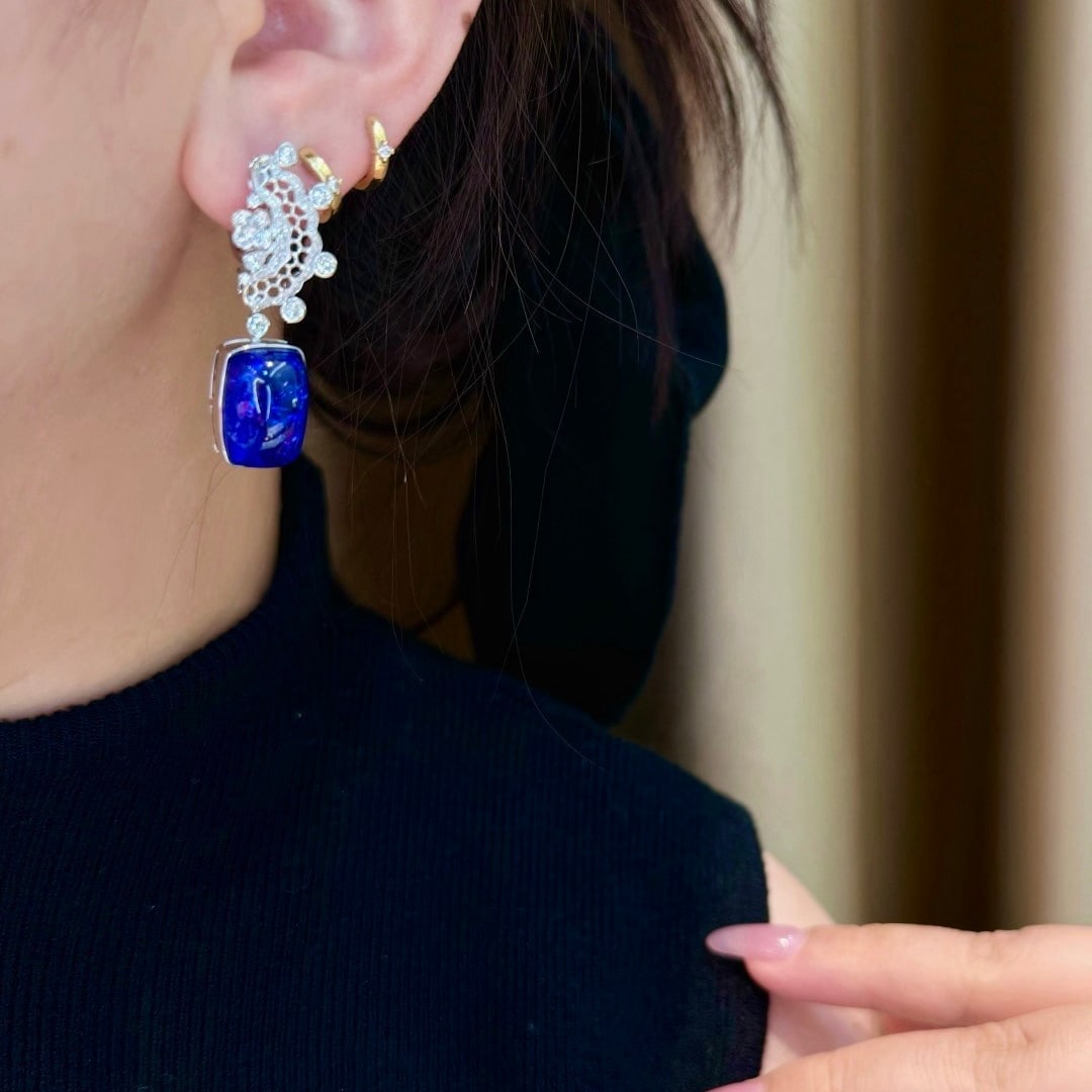 14k Gold 28.71 Ctw Natural Tanzanite & Diamond Earrings - 7