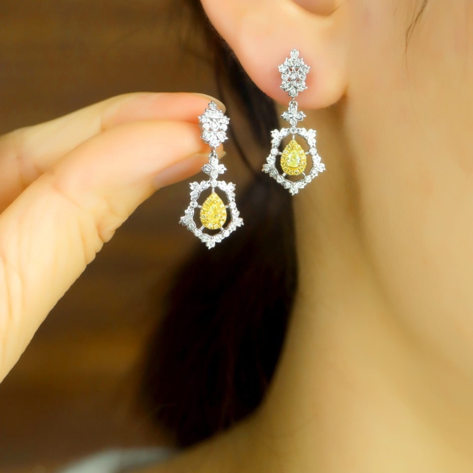 14k Gold 0.66 Ctw Natural Yellow Diamond & Diamond Earrings - 6