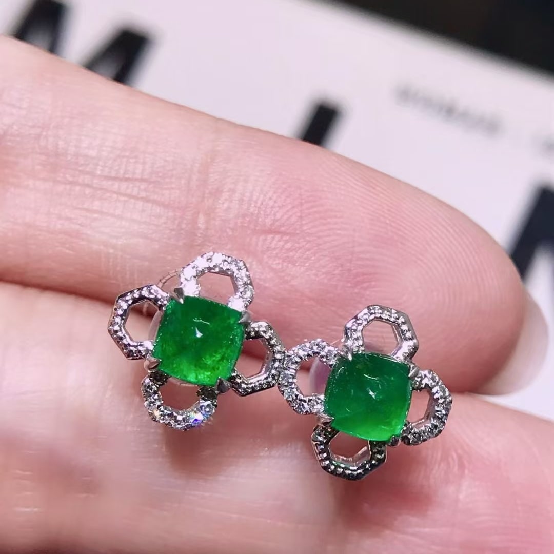 14k Gold 1.3 Ct Vivid Green Natural Emerald & Diamond Earrings - 2