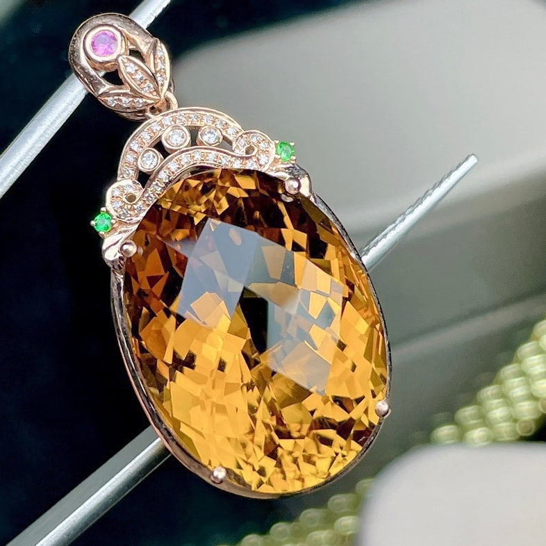 14k Gold 28.14 Ct Natural Citrine & Diamond Pendant( Without Chain )