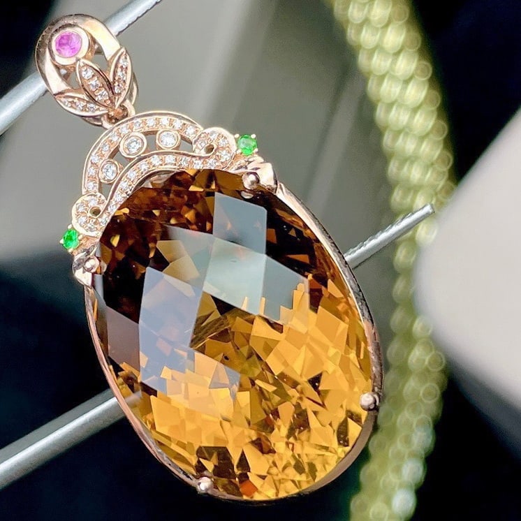 14k Gold 28.14 Ct Natural Citrine & Diamond Pendant( Without Chain ) - 2