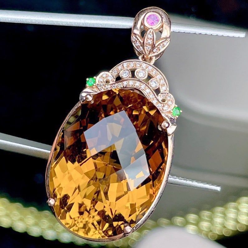 14k Gold 28.14 Ct Natural Citrine & Diamond Pendant( Without Chain ) - 3