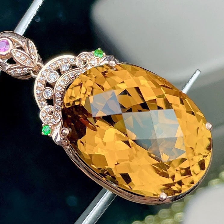 14k Gold 28.14 Ct Natural Citrine & Diamond Pendant( Without Chain ) - 4