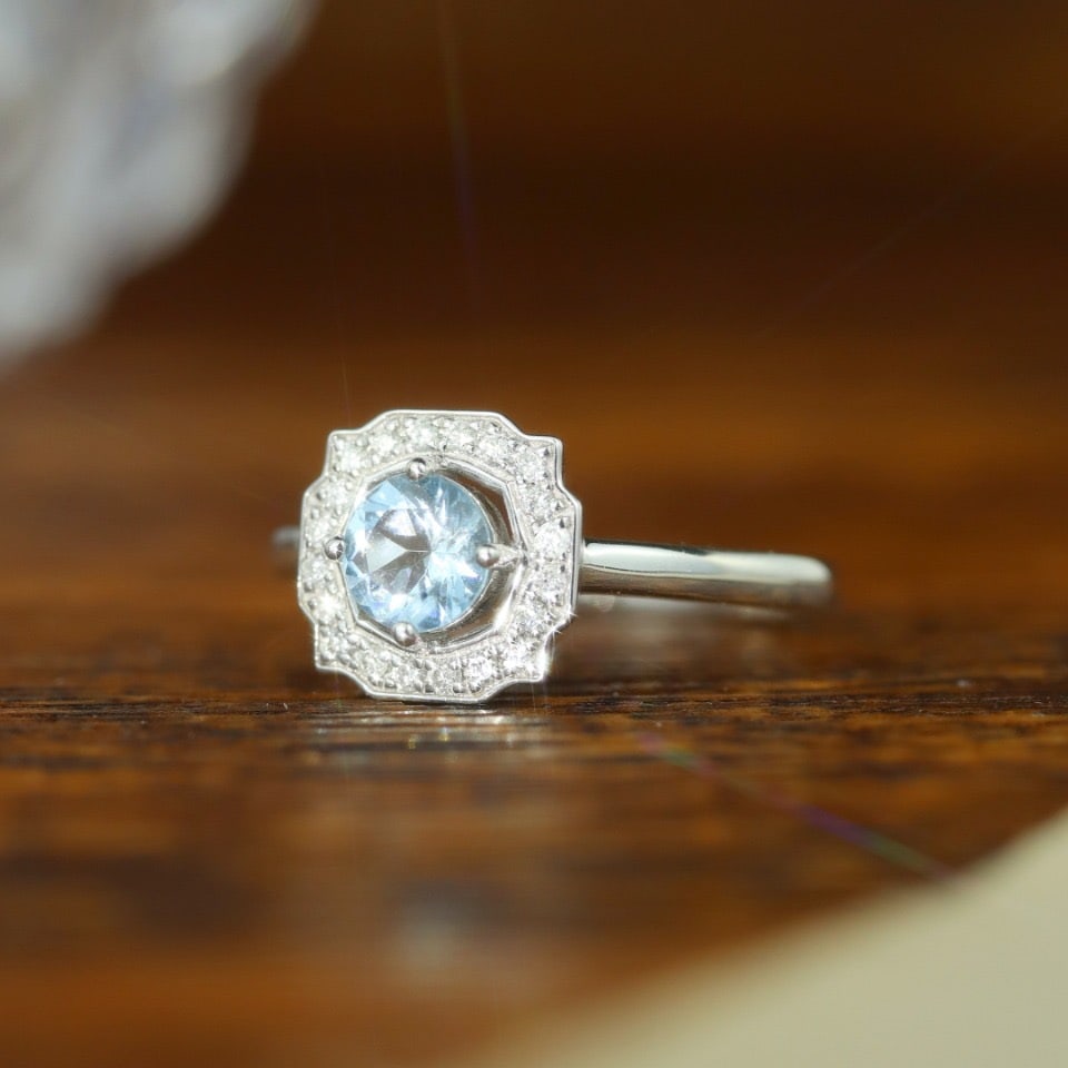 14k Gold 0.55 Ctw Natural Aquamarine & Diamond Ring - 3