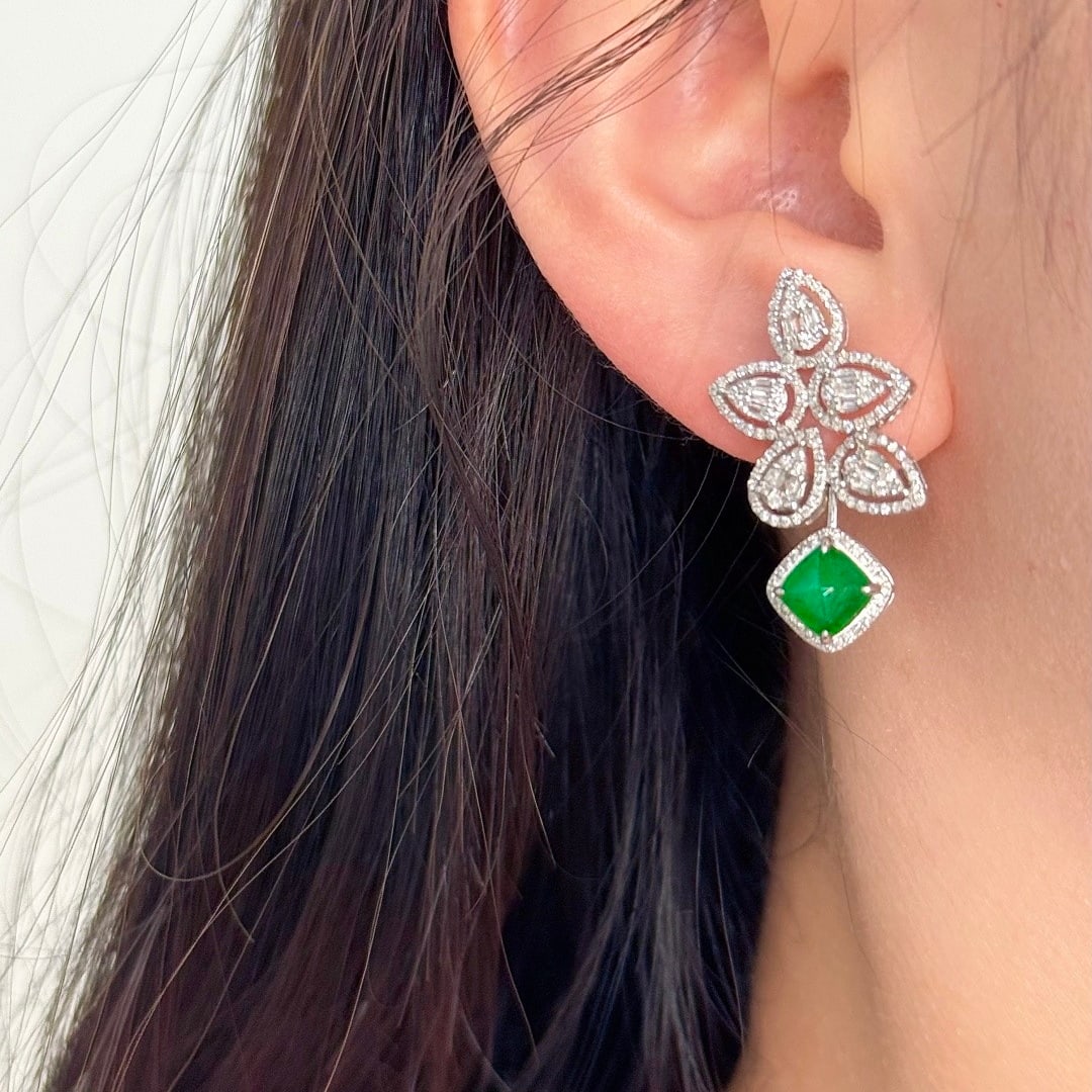 14k Gold 2.78 Ctw Vivid Green Natural Emerald & Diamond Earrings - 6